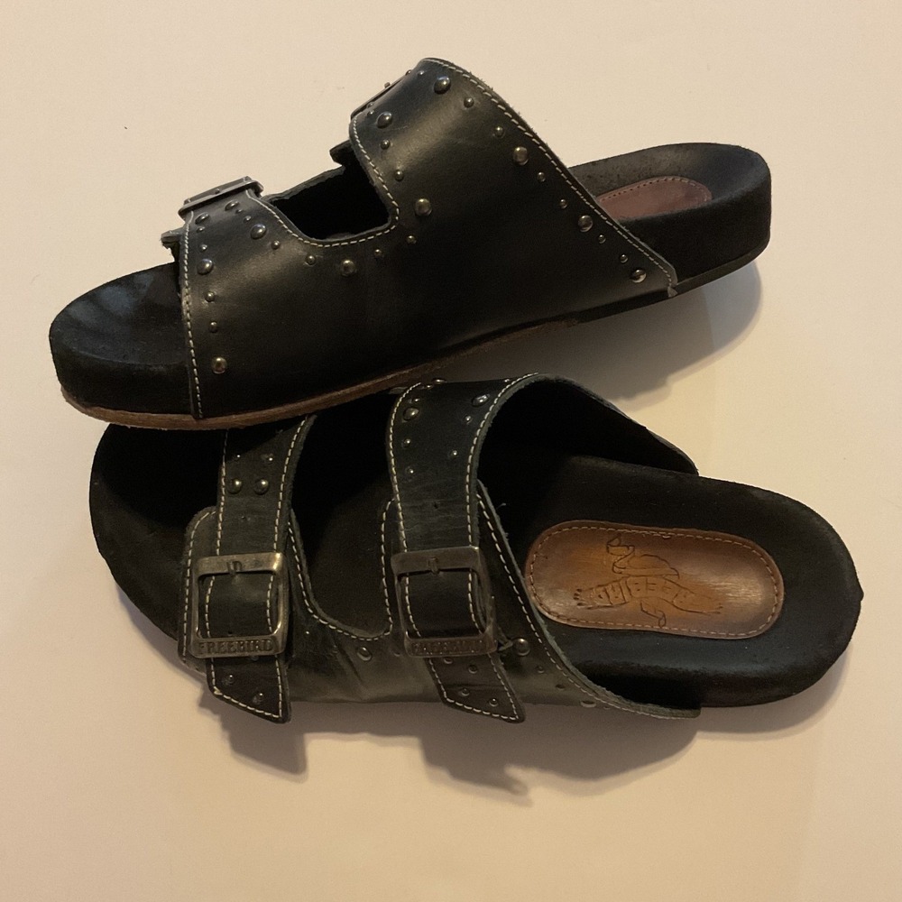 Freebird by Steven Asher Black Leather Double Buckle Slide Sandals Womens Size 9